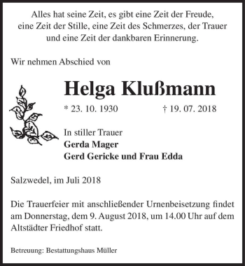 Traueranzeige von Helga Klußmann  von Magdeburger Volksstimme