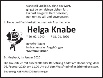 Traueranzeige von Helga Knabe  von Magdeburger Volksstimme