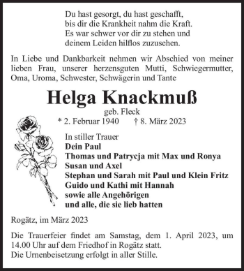 Traueranzeige von Helga Knackmuß (geb. Fleck)  von Magdeburger Volksstimme