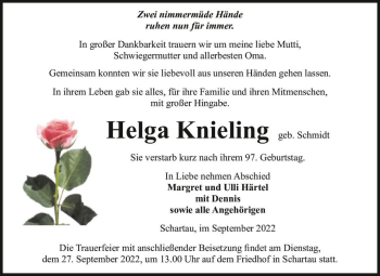 Traueranzeige von Helga Knieling (geb. Schmidt)  von Magdeburger Volksstimme