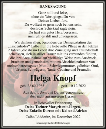 Traueranzeige von Helga Knopf  von Magdeburger Volksstimme