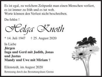 Traueranzeige von Helga Knoth  von Magdeburger Volksstimme