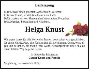 Traueranzeige von Helga Knust  von Magdeburger Volksstimme