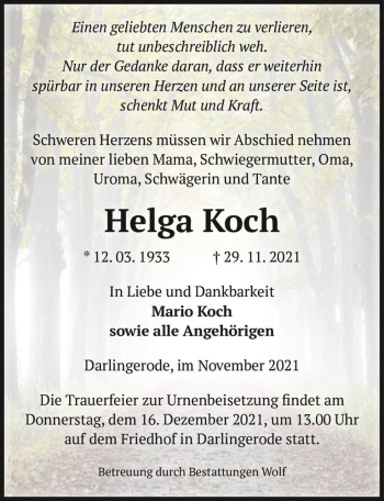 Traueranzeige von Helga Koch  von Magdeburger Volksstimme