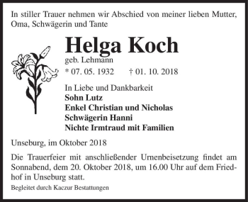 Traueranzeige von Helga Koch (geb. Lehmann)  von Magdeburger Volksstimme