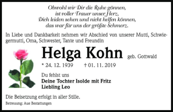 Traueranzeige von Helga Kohn (geb. Gottwald)  von Magdeburger Volksstimme