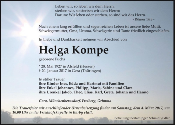 Traueranzeige von Helga Kompe (geb. Fuchs)  von Magdeburger Volksstimme