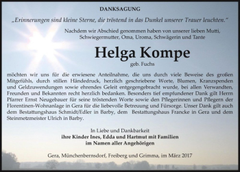 Traueranzeige von Helga Kompe (geb. Fuchs)  von Magdeburger Volksstimme
