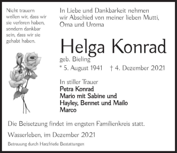 Traueranzeige von Helga Konrad (geb. Bieling)  von Magdeburger Volksstimme