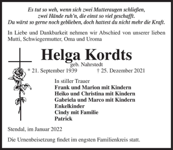 Traueranzeige von Helga Kordts (geb. Nahrstedt)  von Magdeburger Volksstimme