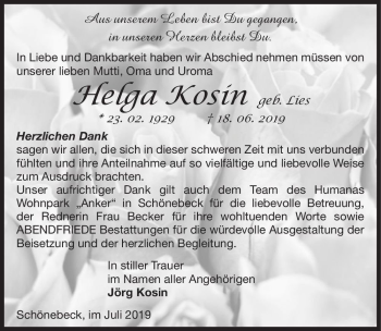 Traueranzeige von Helga Kosin (geb. Lies)  von Magdeburger Volksstimme