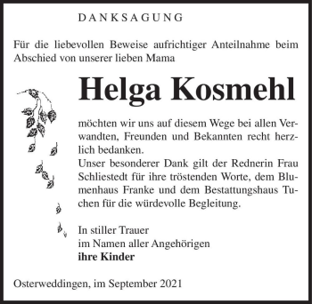 Traueranzeige von Helga Kosmehl  von Magdeburger Volksstimme