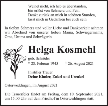 Traueranzeige von Helga Kosmehl (geb. Schröder)  von Magdeburger Volksstimme