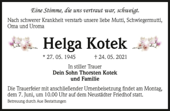 Traueranzeige von Helga Kotek  von Magdeburger Volksstimme