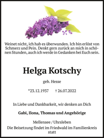 Traueranzeige von Helga Kotschy (geb. Hesse)  von Magdeburger Volksstimme