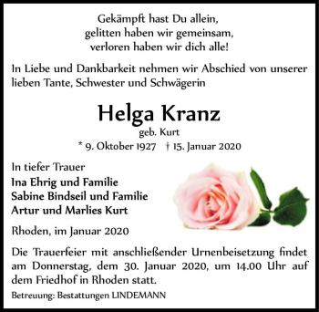 Traueranzeige von Helga Kranz (geb. Kurt)  von Magdeburger Volksstimme