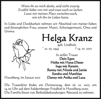 Traueranzeige von Helga Kranz (geb. Lindholz)  von Magdeburger Volksstimme