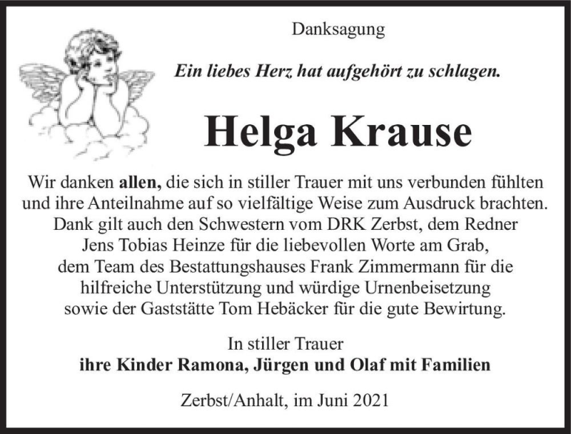  Traueranzeige für Helga Krause  vom 03.07.2021 aus Magdeburger Volksstimme