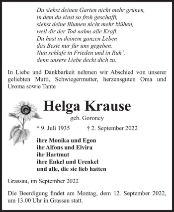 Traueranzeige von Helga Krause (geb. Goroncy)  von Magdeburger Volksstimme
