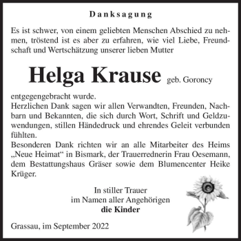 Traueranzeige von Helga Krause (geb. Goroncy)  von Magdeburger Volksstimme