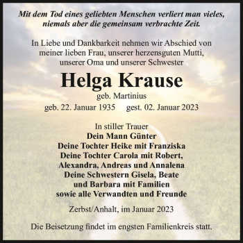Traueranzeige von Helga Krause (geb. Martinius)  von Magdeburger Volksstimme