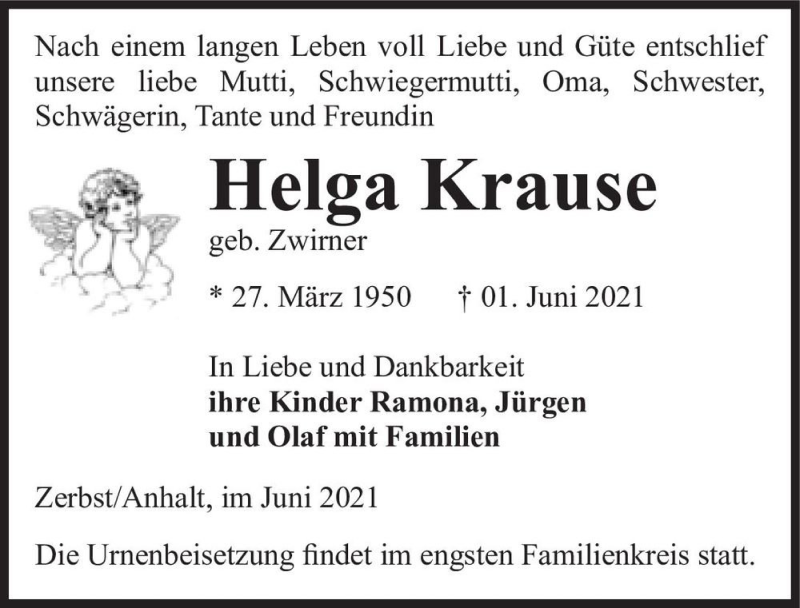  Traueranzeige für Helga Krause (geb. Zwirner)  vom 05.06.2021 aus Magdeburger Volksstimme