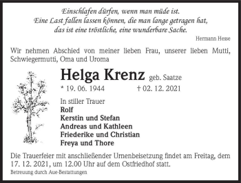 Traueranzeige von Helga Krenz (geb. Saatze)  von Magdeburger Volksstimme