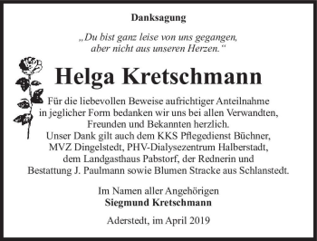 Traueranzeige von Helga Kretschmann  von Magdeburger Volksstimme