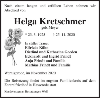 Traueranzeige von Helga Kretschmer (geb. Meyer)  von Magdeburger Volksstimme