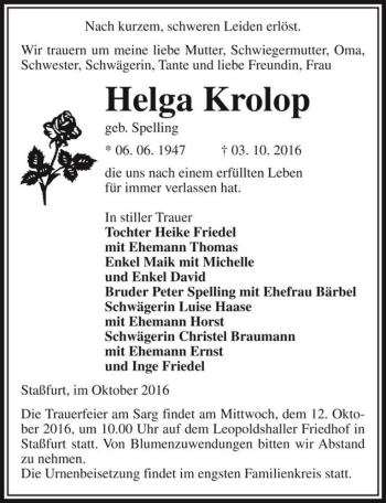 Traueranzeige von Helga Krolop (geb. Spelling)  von Magdeburger Volksstimme