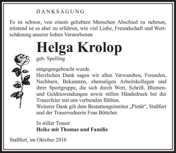 Traueranzeige von Helga Krolop (geb. Spelling)  von Magdeburger Volksstimme