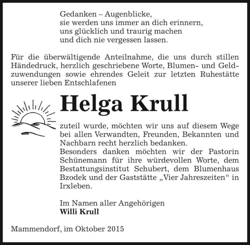  Traueranzeige für Helga Krull  vom 07.11.2015 aus Magdeburger Volksstimme