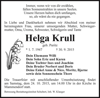 Traueranzeige von Helga Krull (geb. Puritz)  von Magdeburger Volksstimme