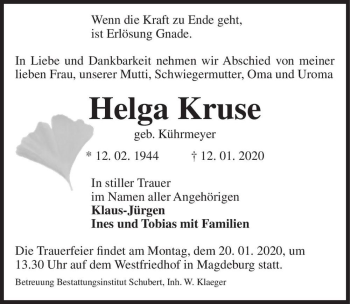 Traueranzeige von Helga Kruse (geb. Kührmeyer)  von Magdeburger Volksstimme