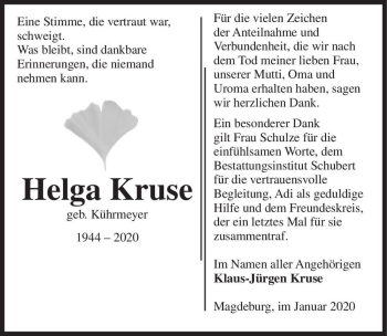 Traueranzeige von Helga Kruse (geb. Kührmeyer)  von Magdeburger Volksstimme