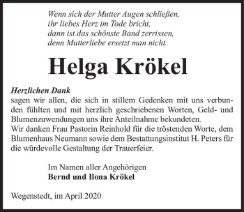 Traueranzeige von Helga Krökel  von Magdeburger Volksstimme