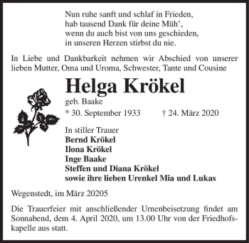 Traueranzeige von Helga Krökel (geb. Baake)  von Magdeburger Volksstimme