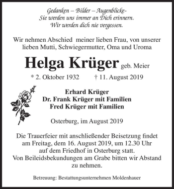 Traueranzeige von Helga Krüger (geb. Meier)  von Magdeburger Volksstimme