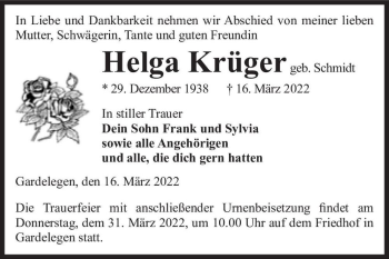 Traueranzeige von Helga Krüger (geb. Schmidt)  von Magdeburger Volksstimme