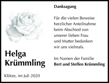 Traueranzeige von Helga Krümmling  von Magdeburger Volksstimme