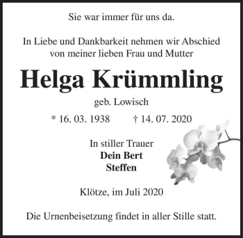 Traueranzeige von Helga Krümmling (geb. Lowisch)  von Magdeburger Volksstimme