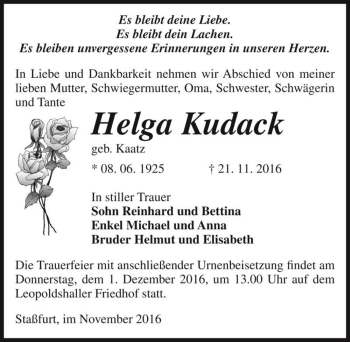 Traueranzeige von Helga Kudack (geb. Kaatz)  von Magdeburger Volksstimme