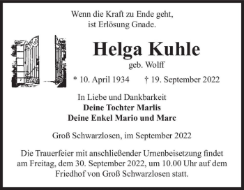 Traueranzeige von Helga Kuhle (geb. Wolff)  von Magdeburger Volksstimme