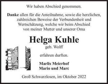 Traueranzeige von Helga Kuhle (geb. Wolff)  von Magdeburger Volksstimme