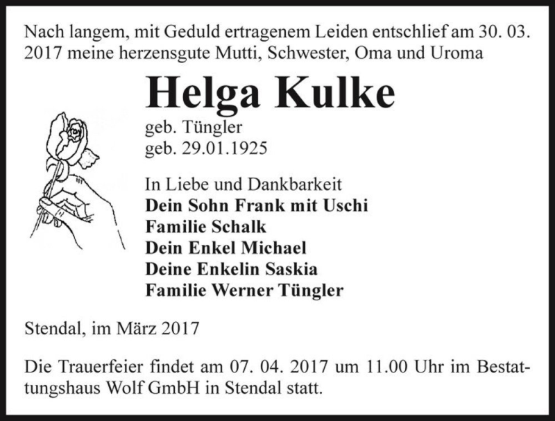 Traueranzeige für Helga Kulke (geb. Tüngler)  vom 01.04.2017 aus Magdeburger Volksstimme