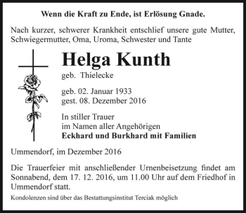 Traueranzeige von Helga Kunth (geb. Thielecke)  von Magdeburger Volksstimme