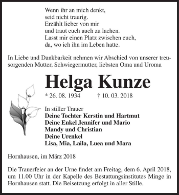 Traueranzeige von Helga Kunze  von Magdeburger Volksstimme