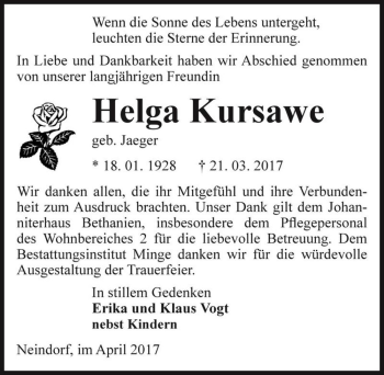 Traueranzeige von Helga Kursawe (geb. Jaeger)  von Magdeburger Volksstimme