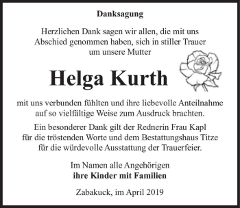 Traueranzeige von Helga Kurth  von Magdeburger Volksstimme