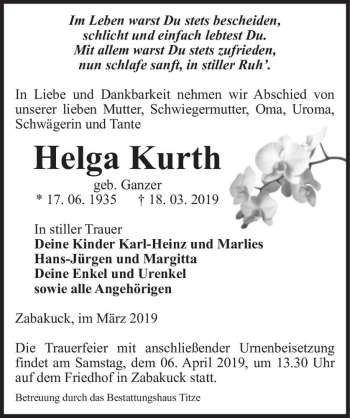 Traueranzeige von Helga Kurth (geb. Ganzer)  von Magdeburger Volksstimme